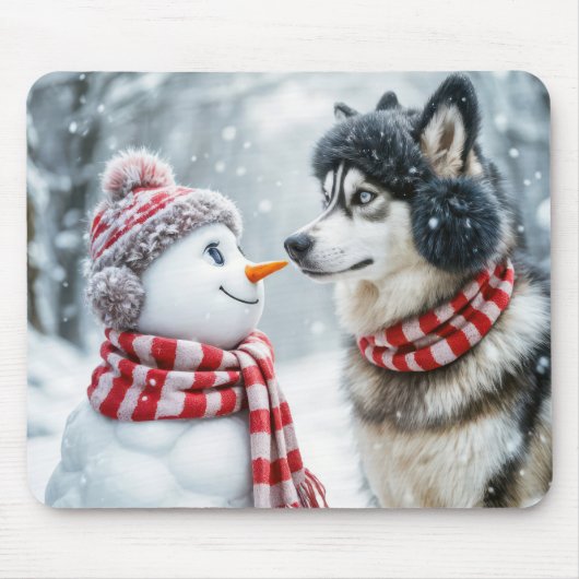 Husky Dog und Snowman Friends Mousepad (Vorne)