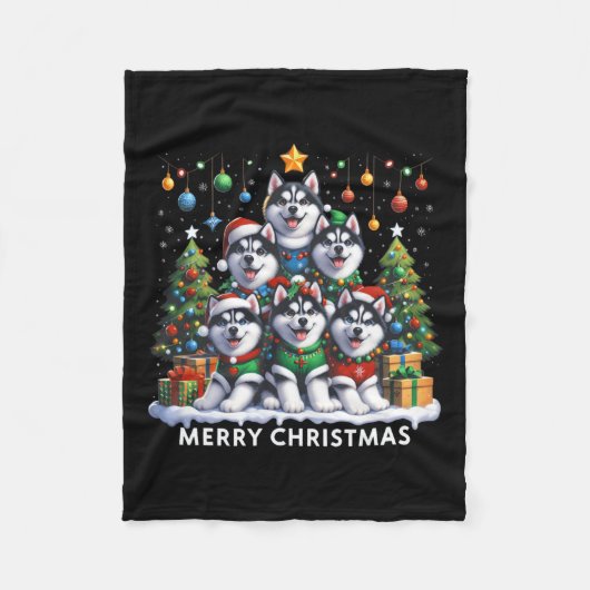 Husky Dog Weihnachtsbaum Frohe Weihnachtsanpassung Fleecedecke (Vorderseite)
