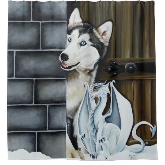 Husky Dog White Dragon Adventure Duschvorhang (Vorderseite)