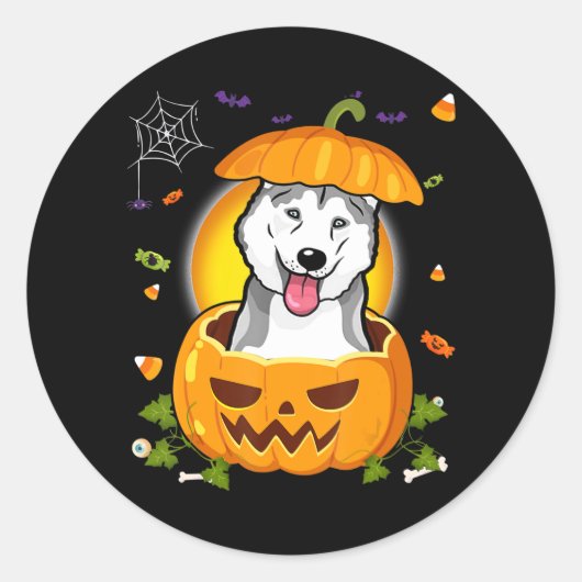 Husky-Geschenk | Halloween Dog Hexe Pumpkin Husky Runder Aufkleber (Vorderseite)