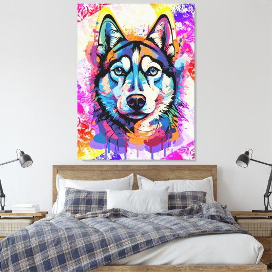 Husky Head - farbenfrohe Husky Hund-Malerei Leinwanddruck (Insitu (Schlafzimmer))