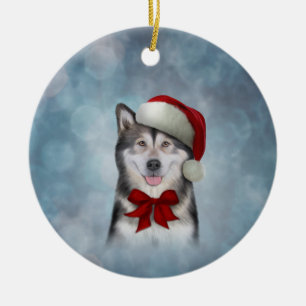 Husky-Hund in rotem Hut des Weihnachtsmanns Keramik Ornament