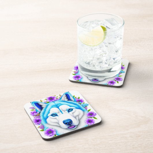 Husky Hund mit blauen Augen und Blume Getränkeuntersetzer (Rechte Seite)
