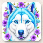 Husky Hund mit blauen Augen und Blume Getränkeuntersetzer (Vorderseite)