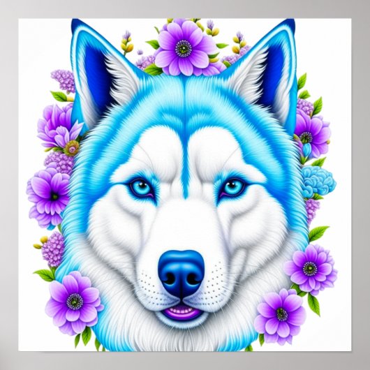 Husky Hund mit blauen Augen und Blume Poster (Vorne)