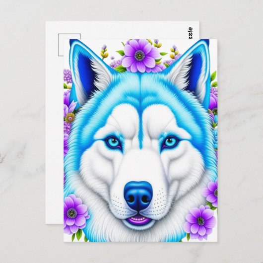 Husky Hund mit blauen Augen und Blume Postkarte (Vorne/Hinten)