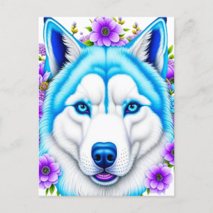 Husky-Hund mit blauen Augen und Blumen   Postkarte