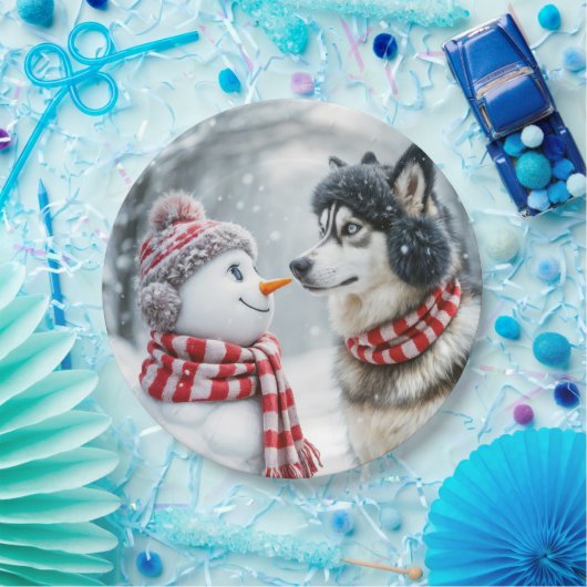 Husky Hund mit Snowman Pappteller (Party)