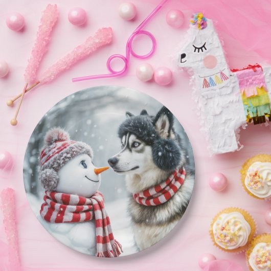 Husky Hund mit Snowman Pappteller (Party)