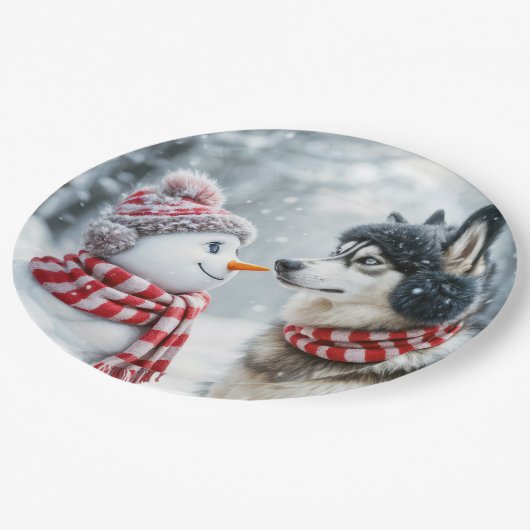 Husky Hund mit Snowman Pappteller (Schrägansicht)