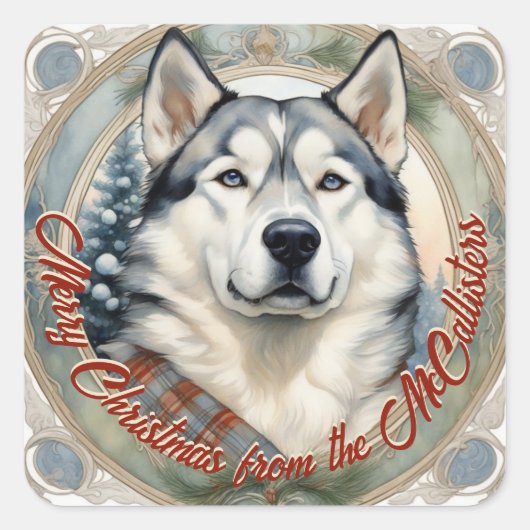 Husky Hund Personalisierte Weihnachtskarten Sticke Quadratischer Aufkleber (Vorderseite)