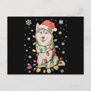 Husky-Hund-Santa-Hut-Weihnachtsbaum-Lichter-Xmas Feiertagspostkarte