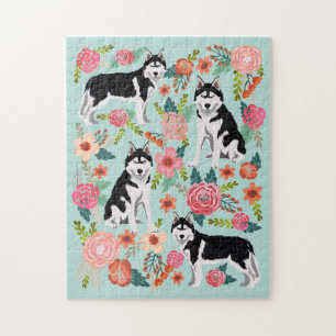 Husky-Hund Vintage-Blumen Puzzle
