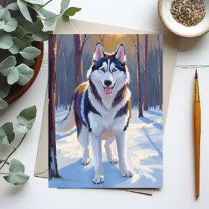 Husky   Hund Winter Aquarell Haustiermalerei Postkarte