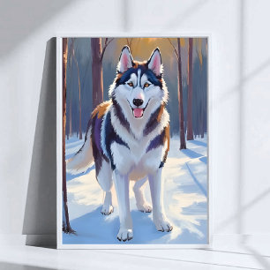 Husky   Hund Winter Wasserfarbe Haustiermalerei Poster
