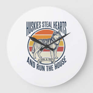 Husky-Hundefreund Vintage-Gravur Lustiger Haustier Große Wanduhr