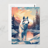 Husky im Schneewald an einem See bei Sonnenunterga Postkarte (Vorne/Hinten)