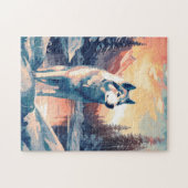 Husky im Schneewald an einem See bei Sonnenunterga Puzzle (Horizontal)