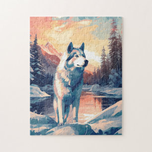 Husky im Schneewald an einem See bei Sonnenunterga Puzzle