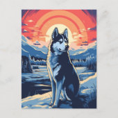 Husky im Winterwald bei Sonnenuntergang Postkarte (Vorderseite)