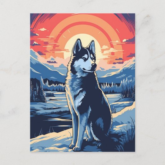 Husky im Winterwald bei Sonnenuntergang Postkarte (Vorderseite)