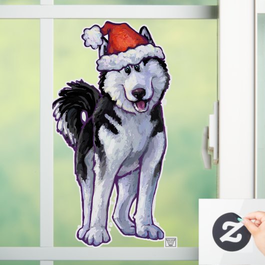 Husky in einer Weihnachtsmannmütze Fensteraufkleber (Zuhause)
