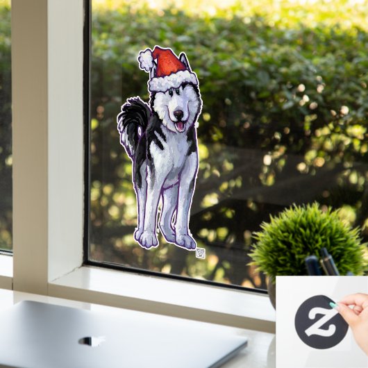 Husky in einer Weihnachtsmannmütze Fensteraufkleber (Büro)
