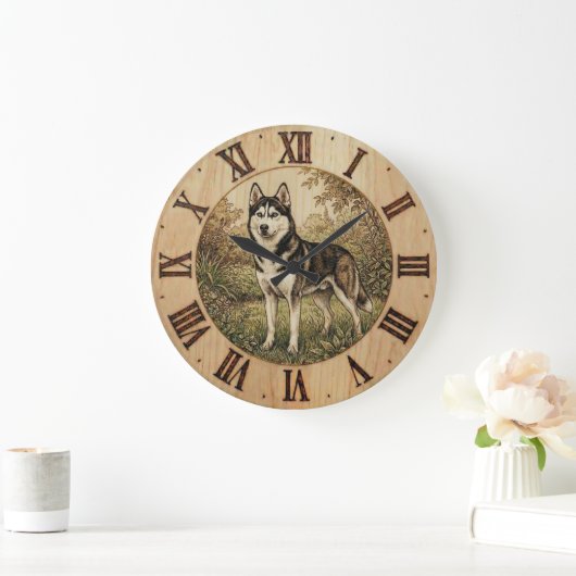 Husky in Spring Park Wall Clock Große Wanduhr (Zuhause)