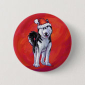 Husky in Weihnachtsmannmütze auf Rot Button (Vorderseite)