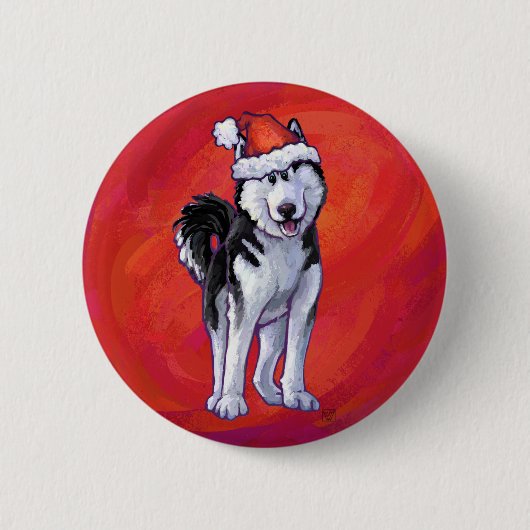 Husky in Weihnachtsmannmütze auf Rot Button (Vorderseite)