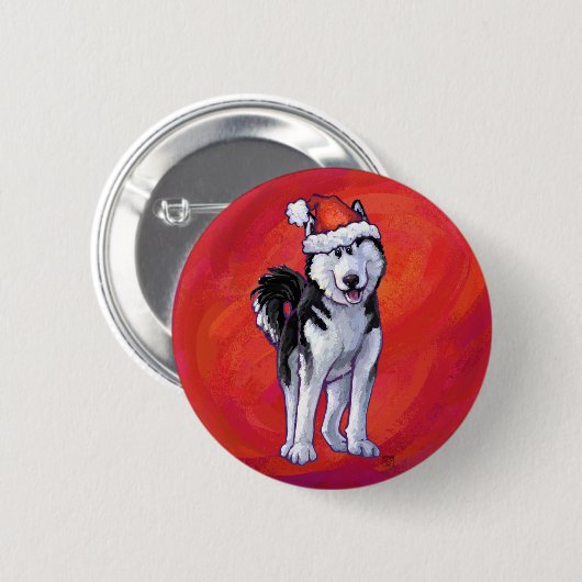 Husky in Weihnachtsmannmütze auf Rot Button (Vorne & Hinten)