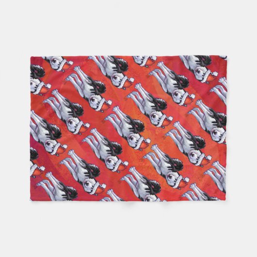 Husky in Weihnachtsmannmütze auf Rot Fleecedecke (Vorderseite (Horizontal))