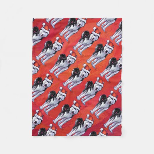 Husky in Weihnachtsmannmütze auf Rot Fleecedecke (Vorderseite)