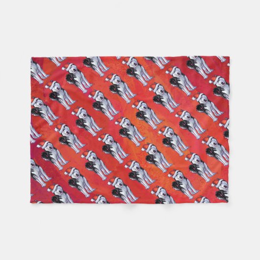 Husky in Weihnachtsmannmütze auf Rot Fleecedecke (Vorderseite (Horizontal))