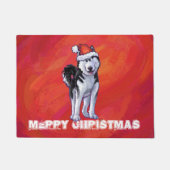 Husky in Weihnachtsmannmütze auf Rot Fußmatte (Vorderseite)