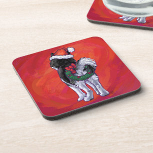 Husky in Weihnachtsmannmütze auf Rot Getränkeuntersetzer