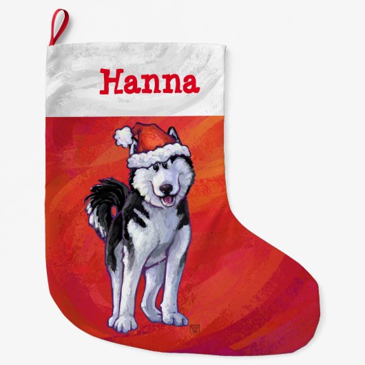 Husky in Weihnachtsmannmütze auf Rot Großer Weihnachtsstrumpf (Vorderseite)