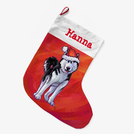 Husky in Weihnachtsmannmütze auf Rot Großer Weihnachtsstrumpf (Vorderansicht (hängend))
