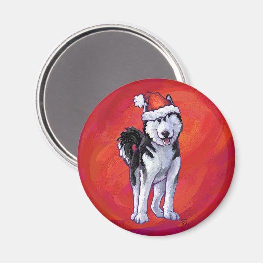 Husky in Weihnachtsmannmütze auf Rot Magnet (Vorderseite/Rückseite)