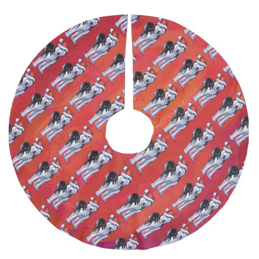 Husky in Weihnachtsmannmütze auf Rot Polyester Weihnachtsbaumdecke (Vorderseite)