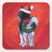 Husky in Weihnachtsmannmütze auf Rot Rechteckiger Pappuntersetzer (Vorderseite)