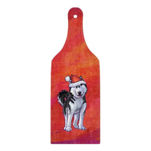 Husky in Weihnachtsmannmütze auf Rot Schneidebrett (Vorderseite)