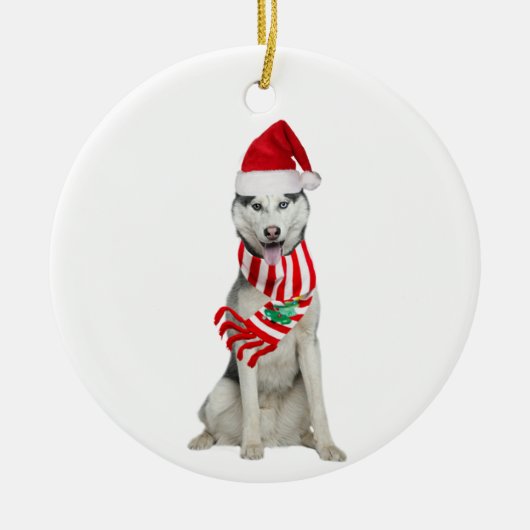 Husky mit Hat Scaft Weihnachten Keramik Ornament (Vorne)