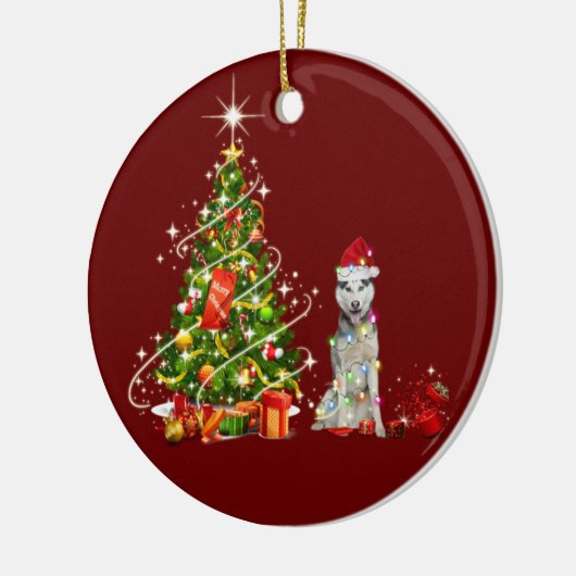 Husky mit Hat Scaft Weihnachten Keramik Ornament (Links)