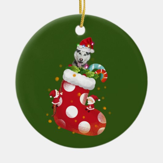 Husky mit Hat Sock Christmas Keramik Ornament (Vorne)