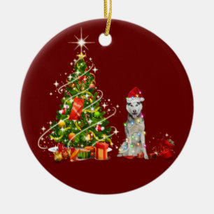 Husky mit Hutschuh Weihnachten Keramik Ornament