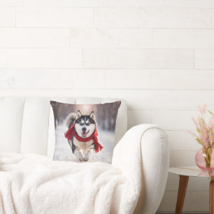Husky mit rotem Schal Kissen