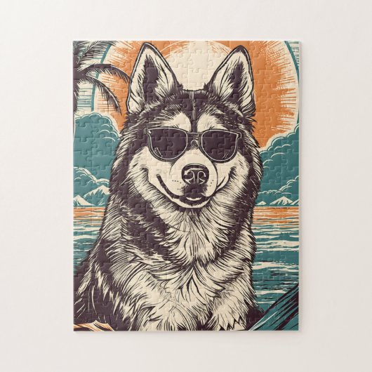 Husky mit Sonnenbrille am Strand Puzzle (Vertikal)