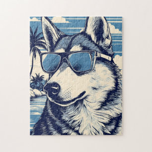 Husky mit Sonnenbrille am Strand Puzzle