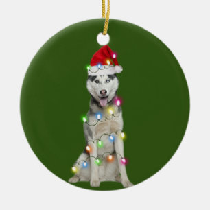 Husky mit Weihnachtsgeschirr Weihnachtsmannmütze Keramik Ornament